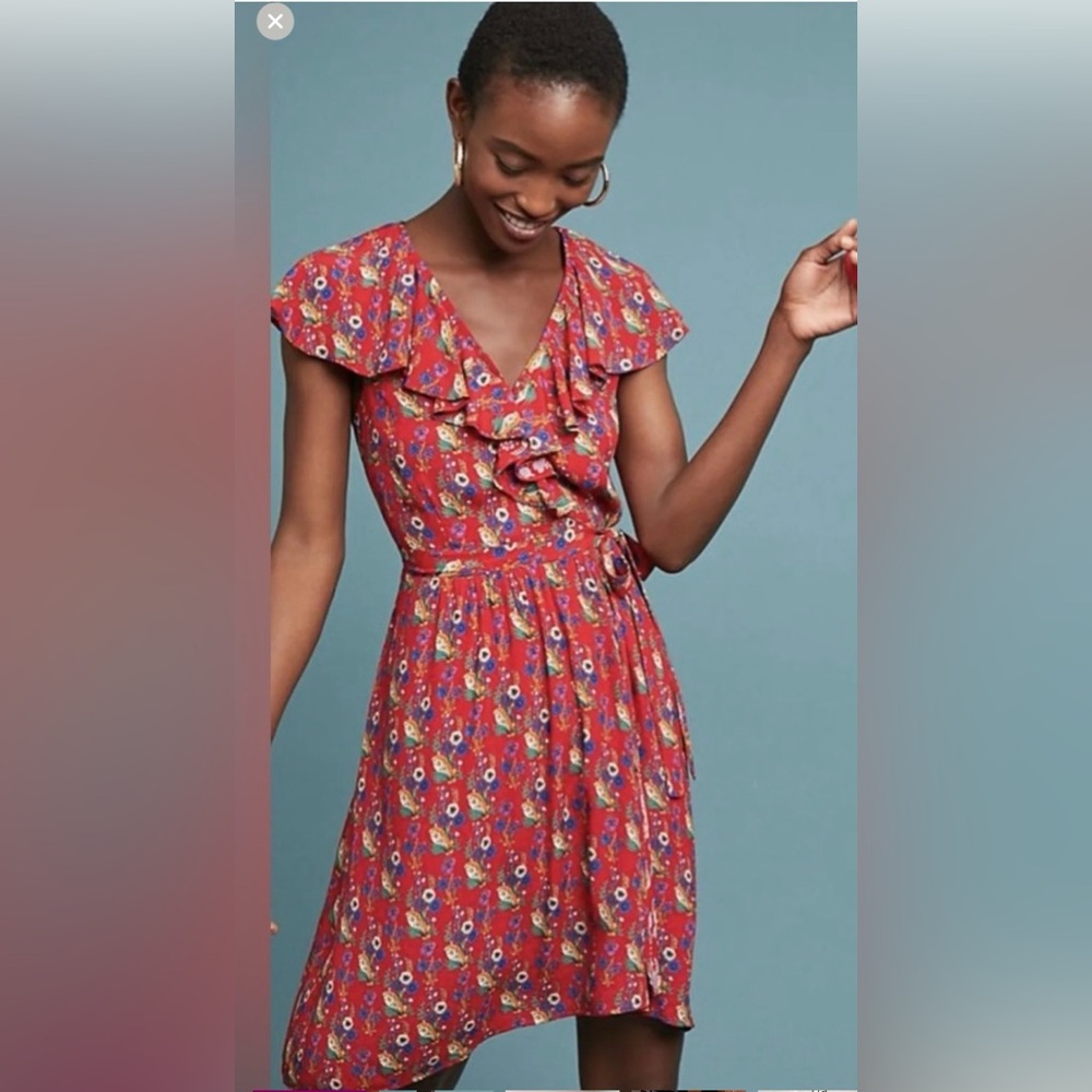Maeve by Anthropologie Rosalia Faux Wrap Red Dress